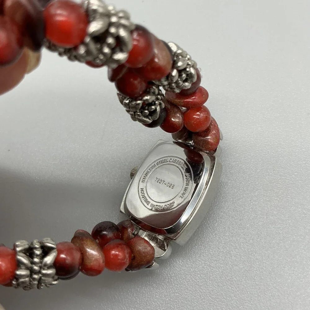 Vivani Womens Watch 18mm Silver Tone Red Beaded Stretch Band New Battery